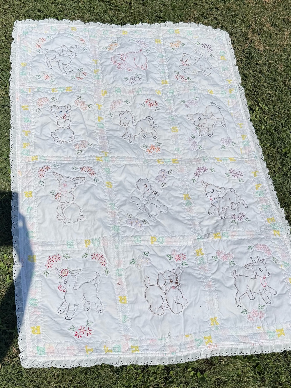 Vintage hand made embroidery animal design baby blanket.